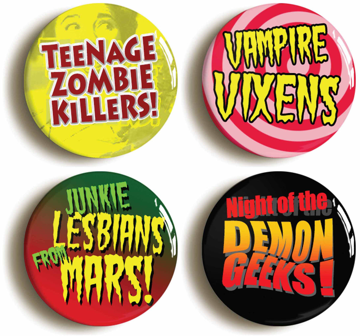 A picture of a set of four badges