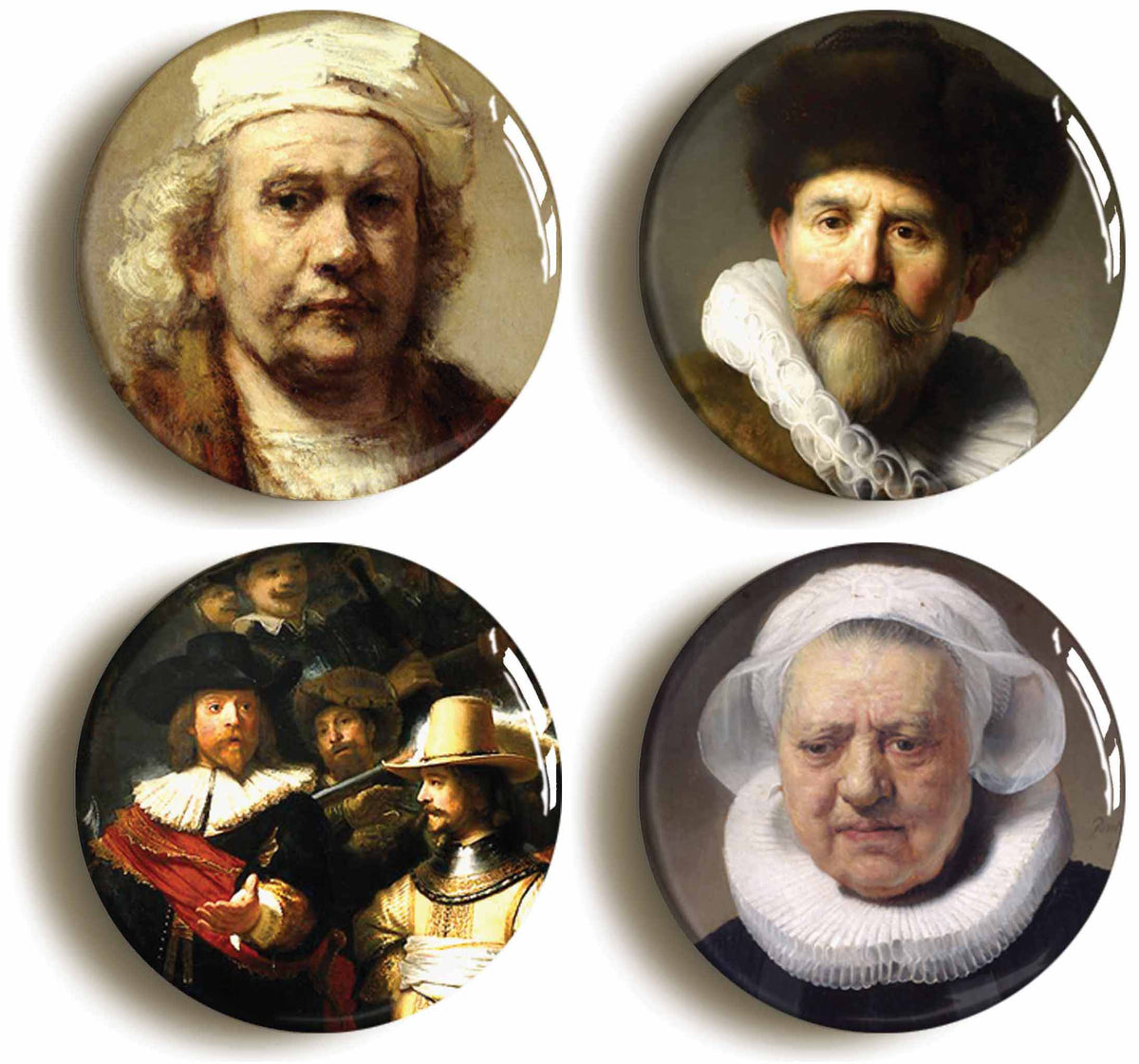 A picture of a set of four badges