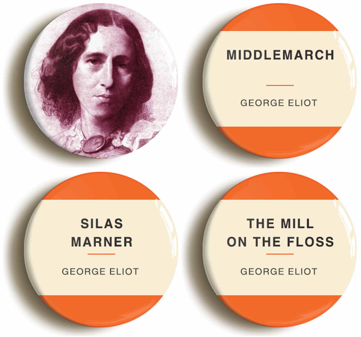 A picture of a set of four badges