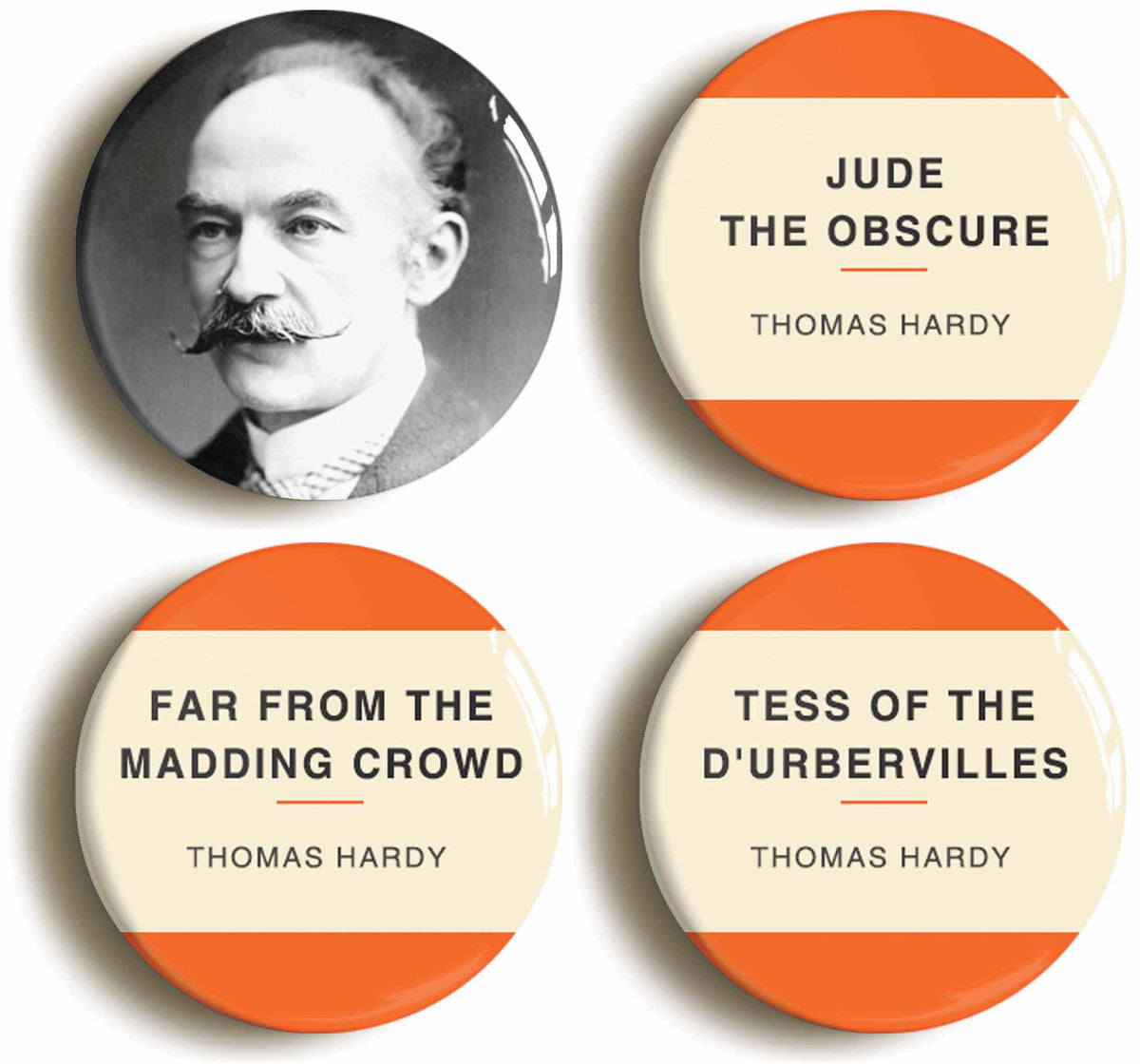 A picture of a set of four badges