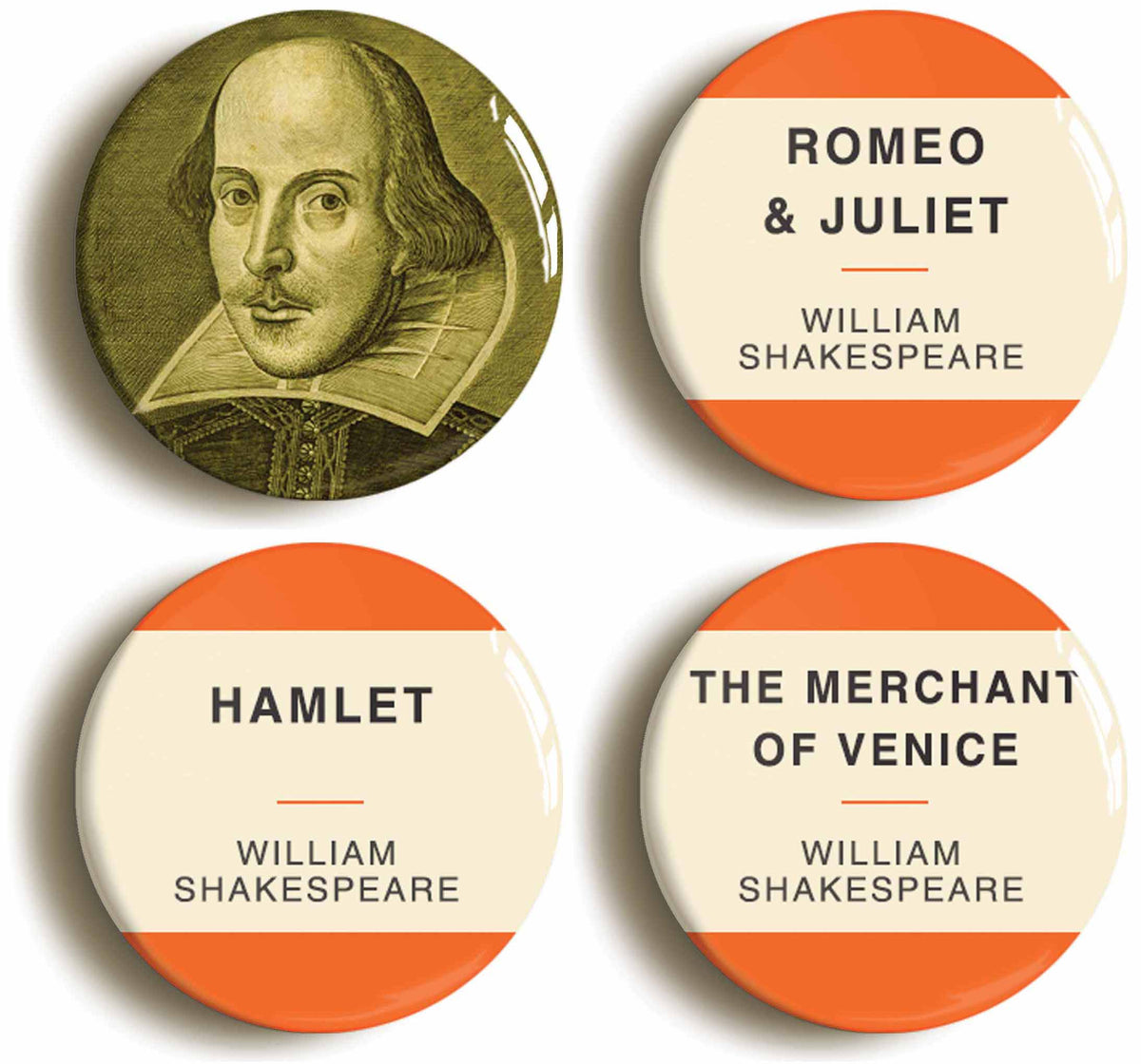 A picture of a set of four badges