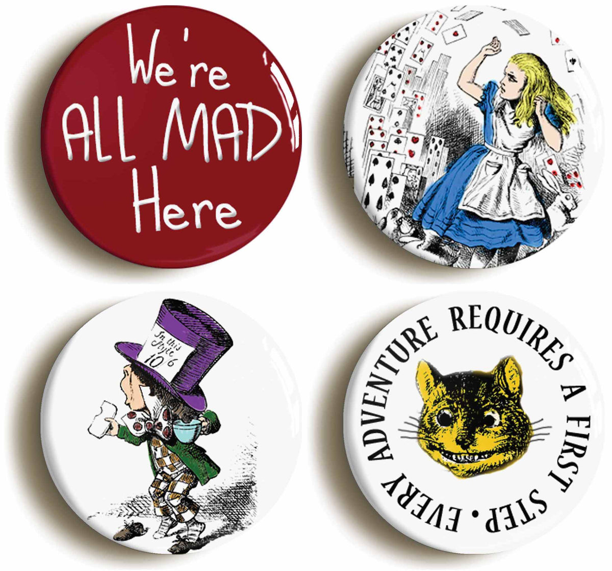 A picture of a set of four badges