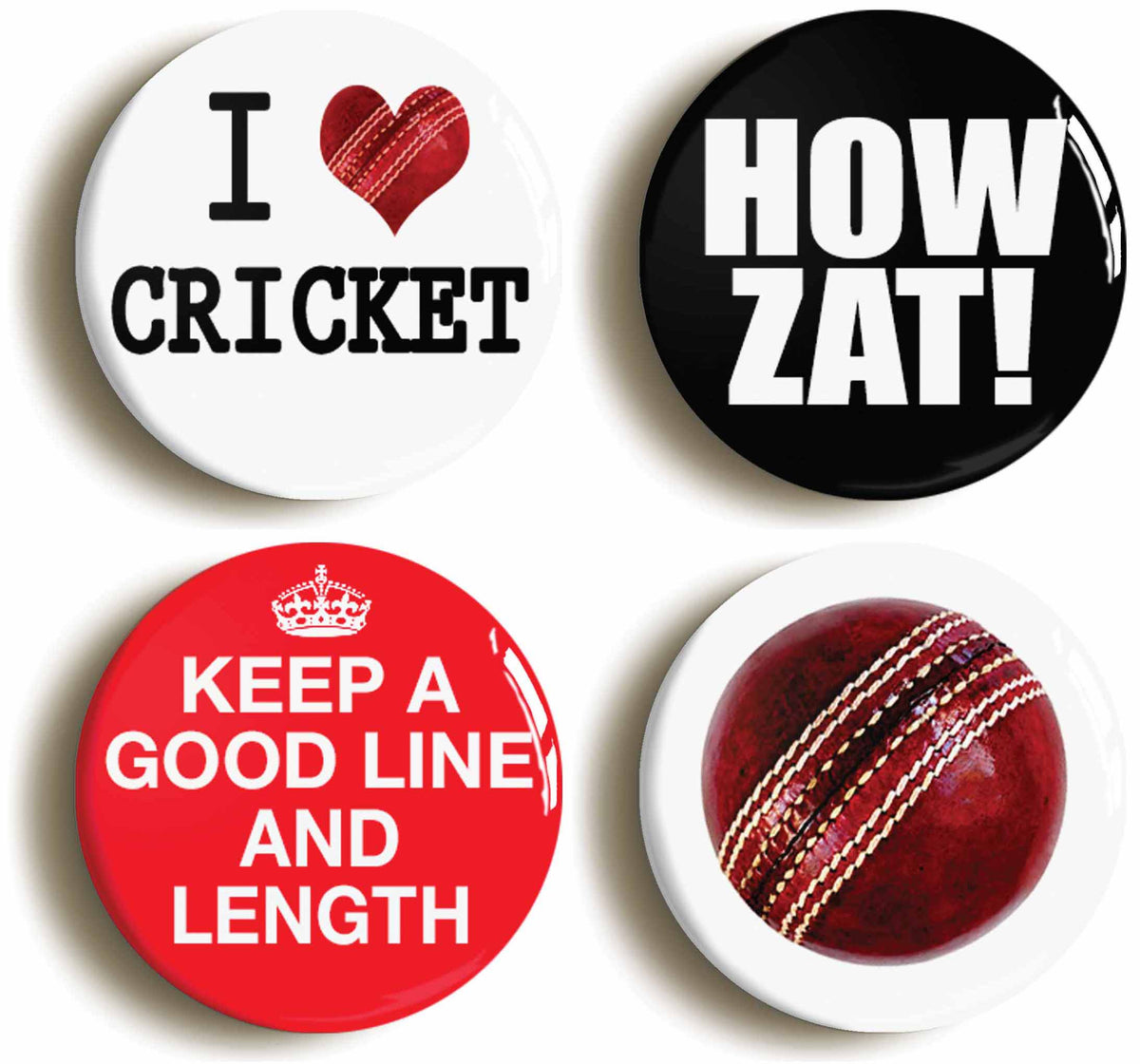 A picture of a set of four badges