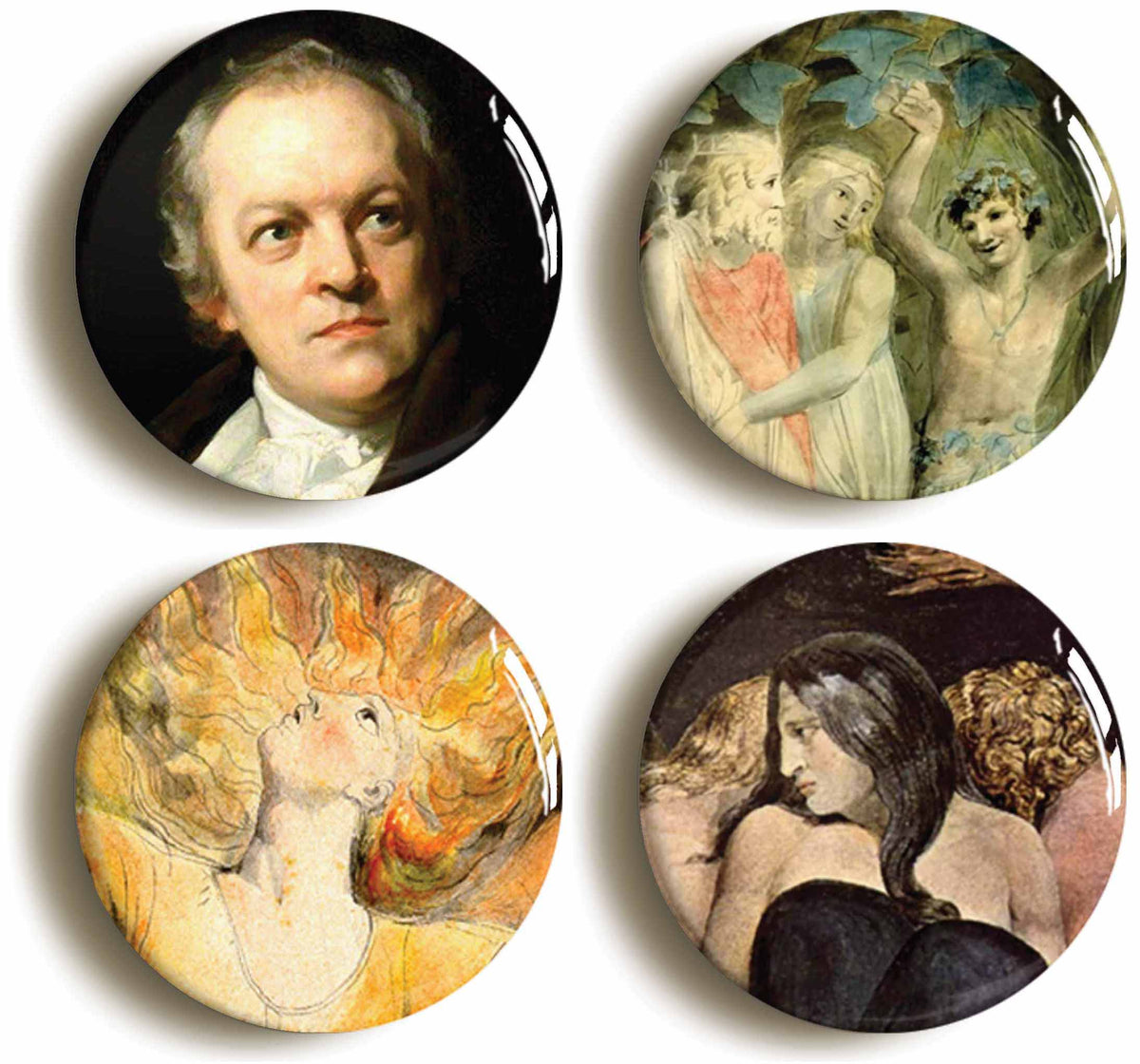 A picture of a set of four badges