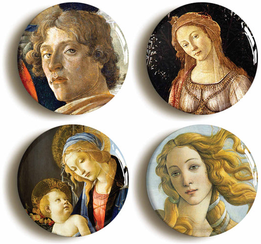 A picture of a set of four badges