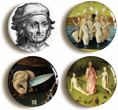 A picture of a set of four badges