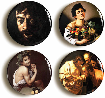 A picture of a set of four badges