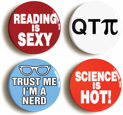 A picture of a set of four badges
