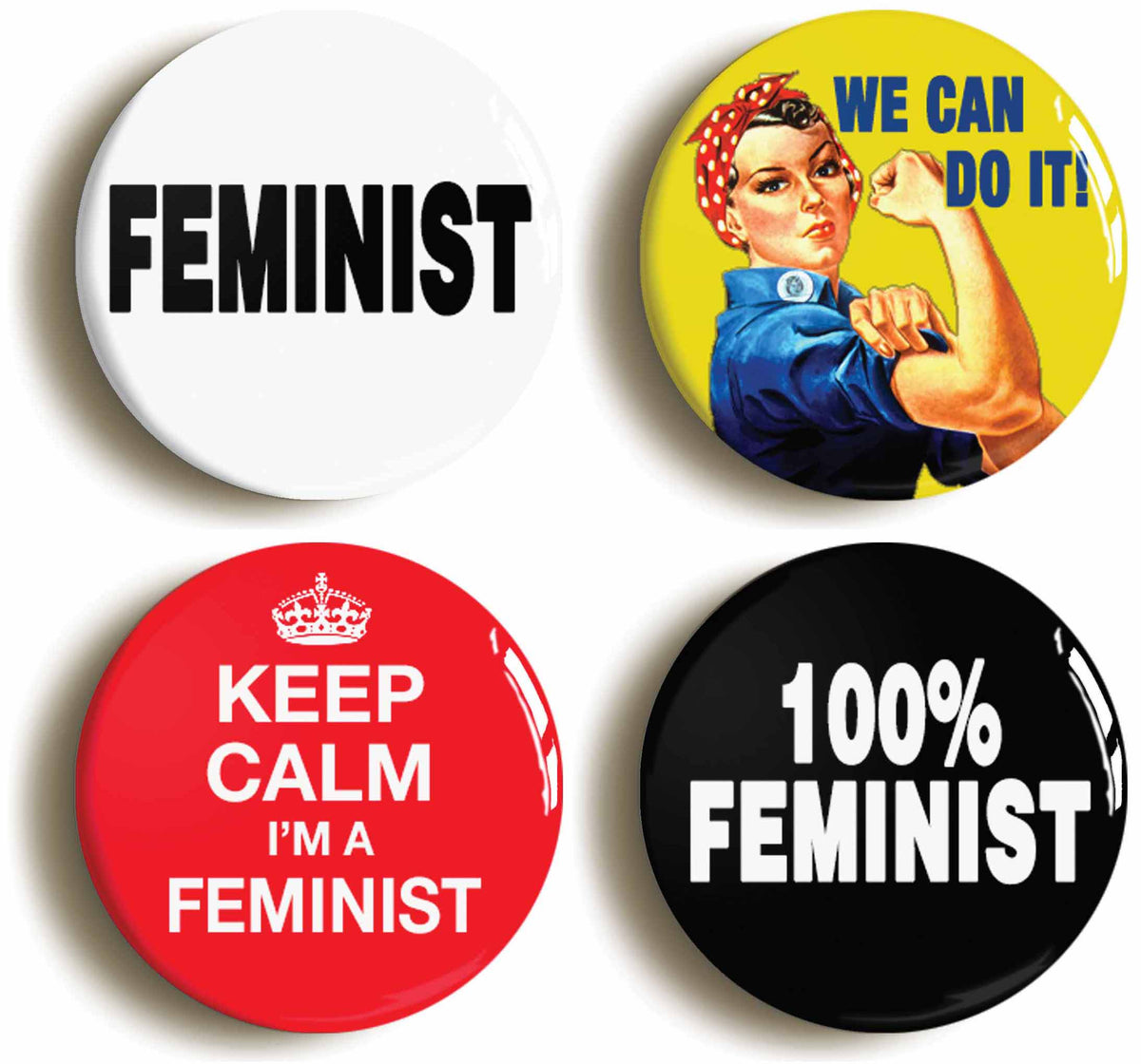 A picture of a set of four badges