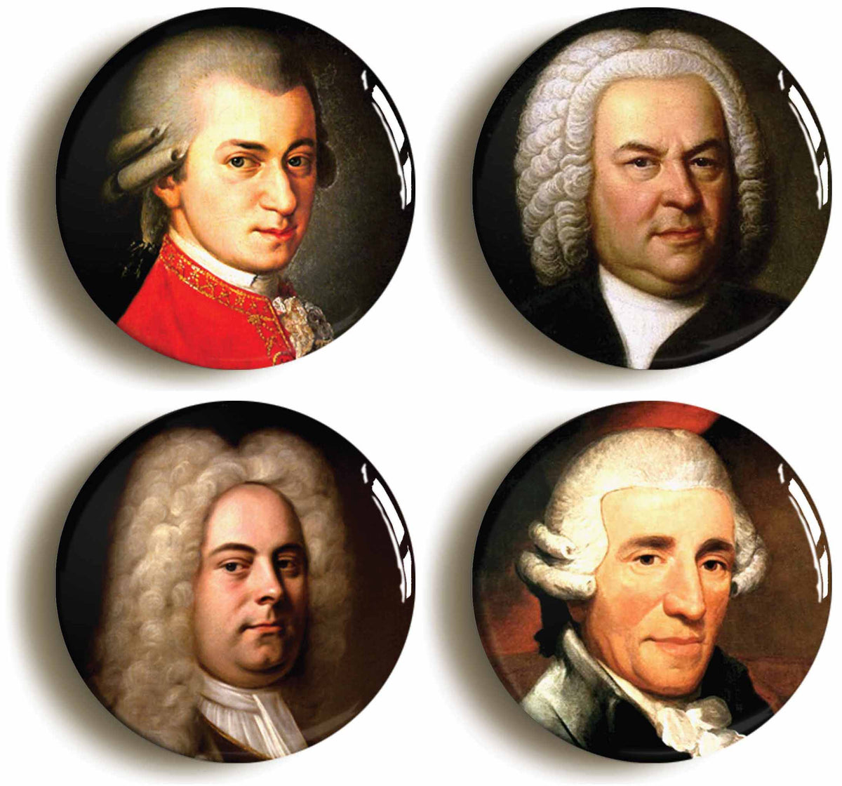 A picture of a set of four badges