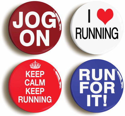 A picture of a set of four badges