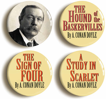 A picture of a set of four badges