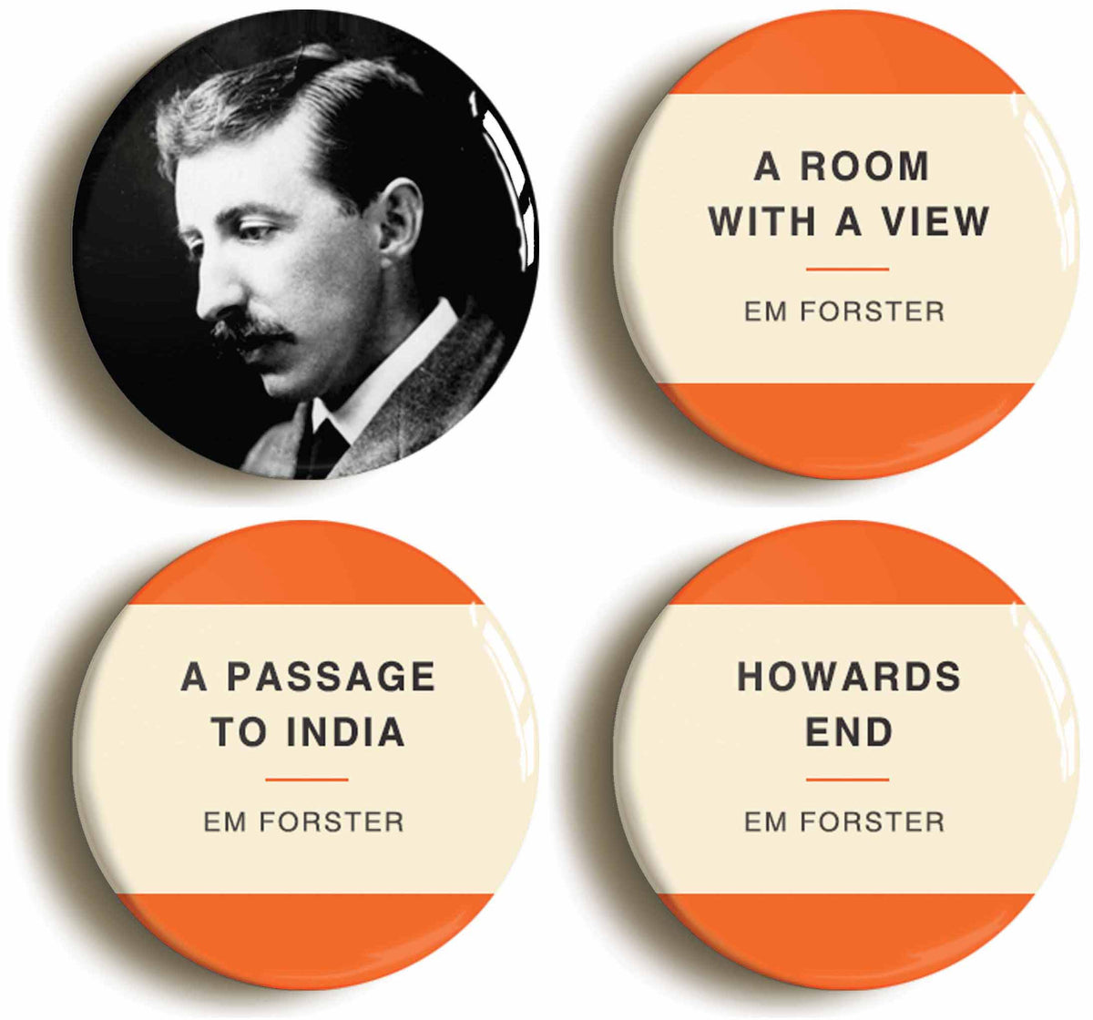 A picture of a set of four badges