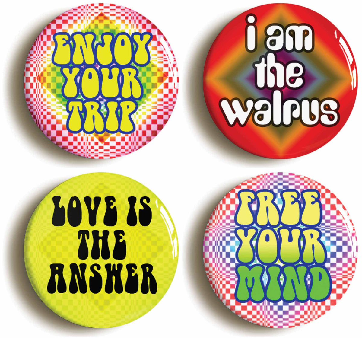 A picture of a set of four badges