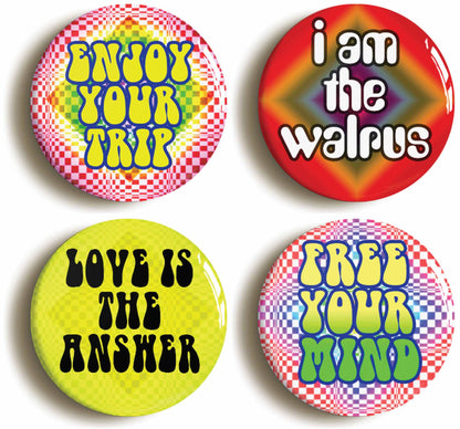 A picture of a set of four badges