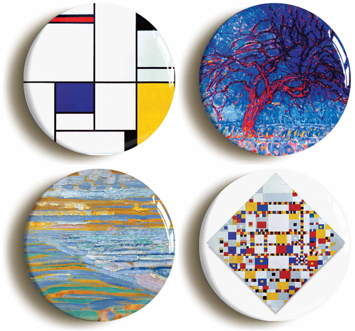 A picture of a set of four badges
