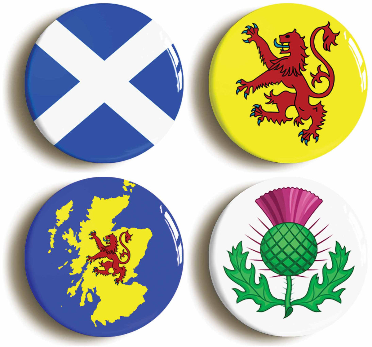 A picture of a set of four badges