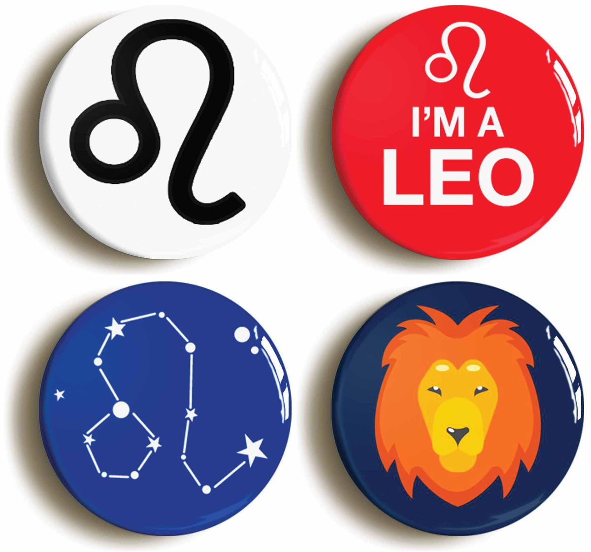 A picture of a set of four badges