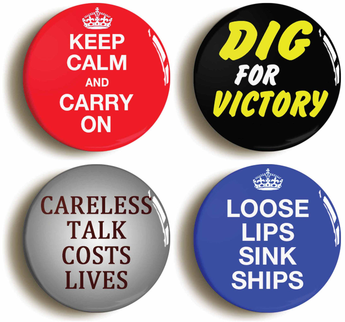A picture of a set of four badges