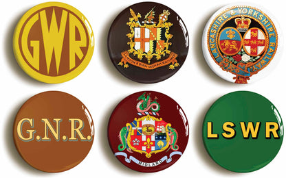 A picture of a set of six badges