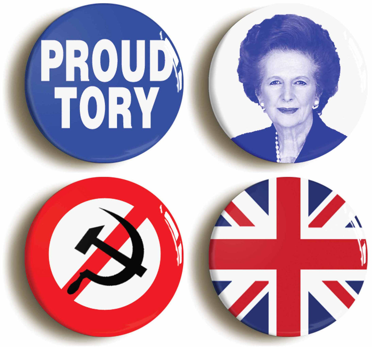A picture of a set of four badges