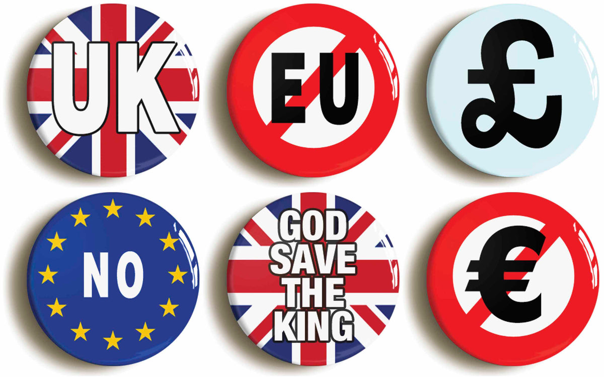 A picture of a set of six badges