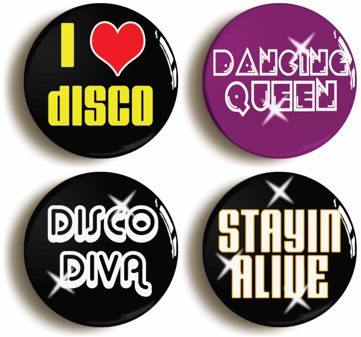 A picture of a set of four badges