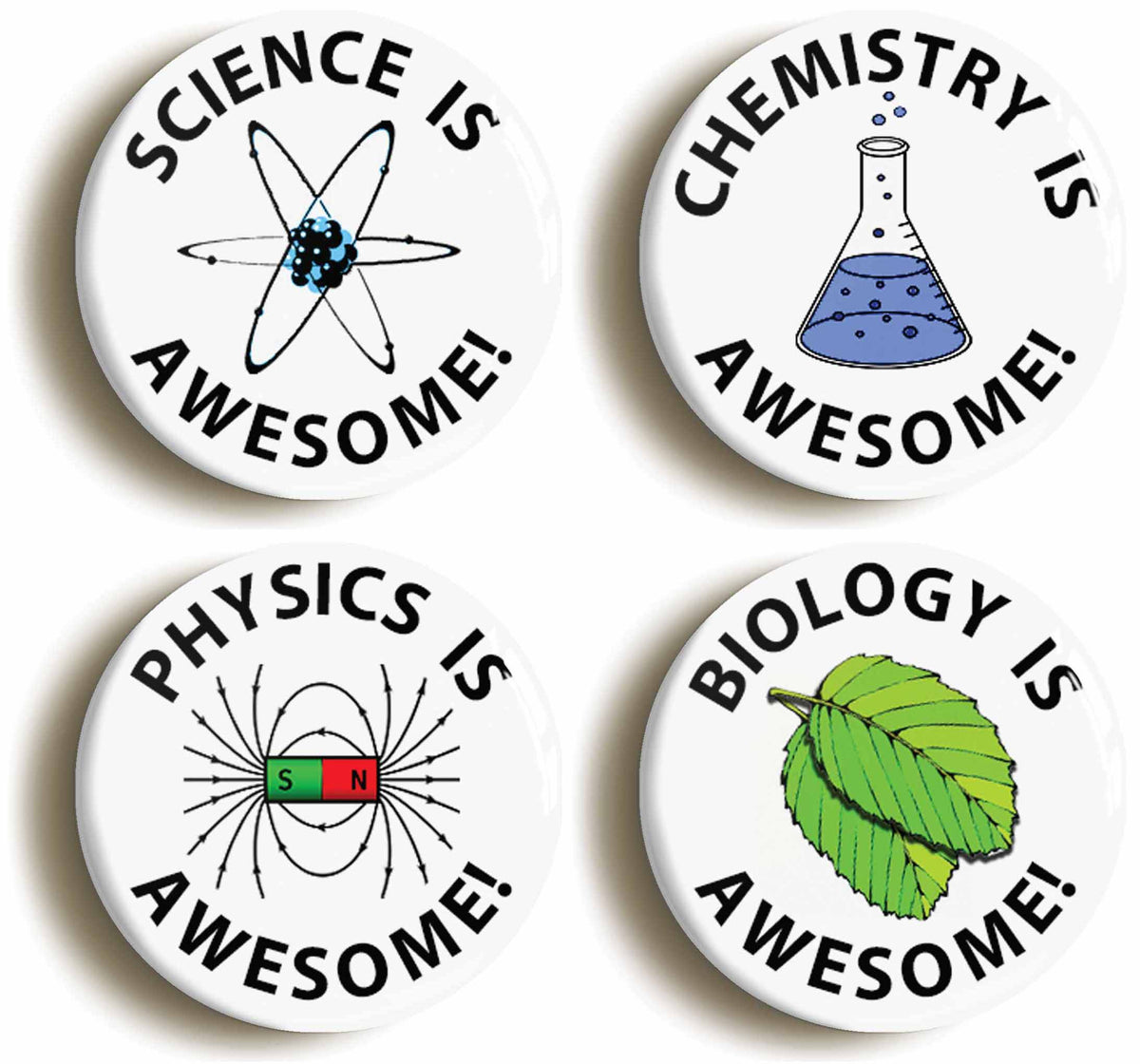 A picture of a set of four badges