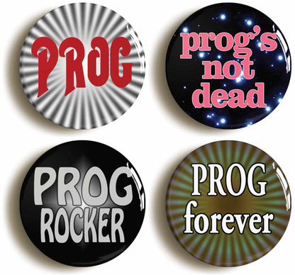 A picture of a set of four badges