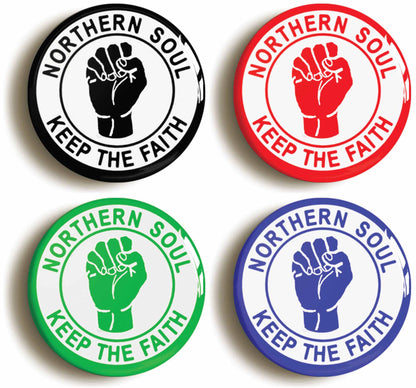 A picture of a set of four badges