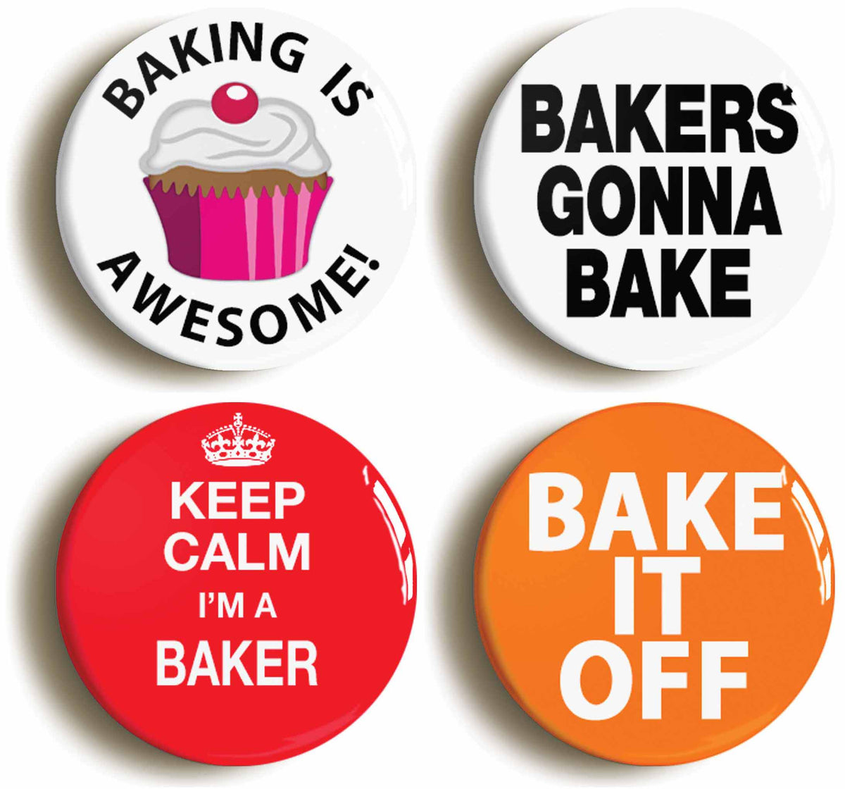 A picture of a set of four badges