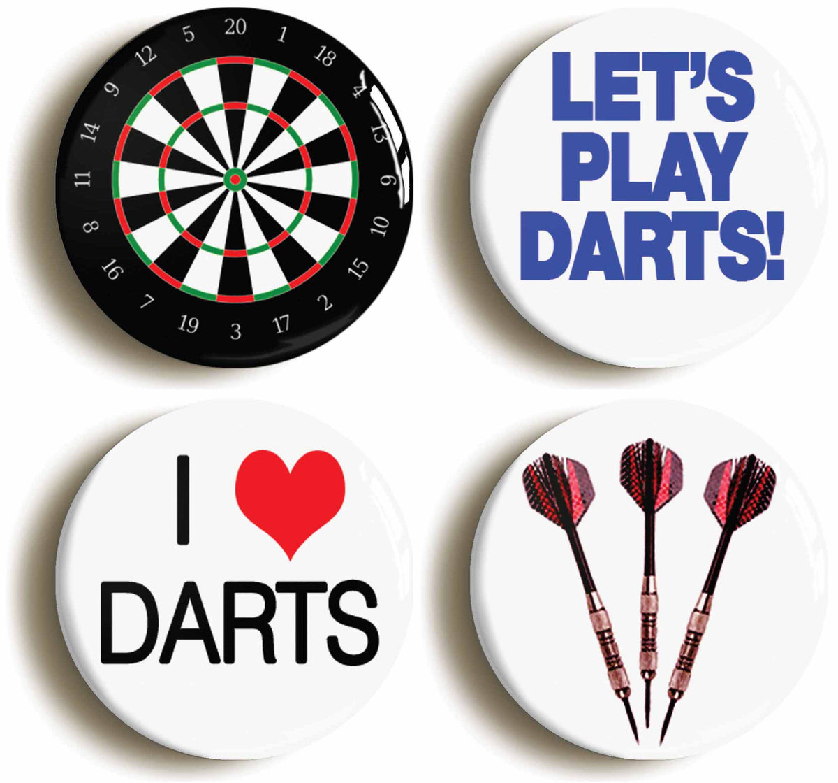 A picture of a set of four badges