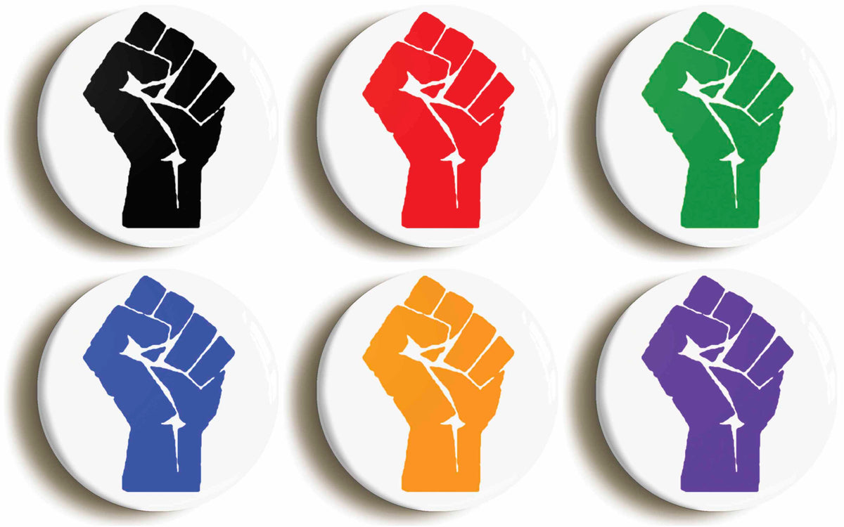 A picture of a set of six badges