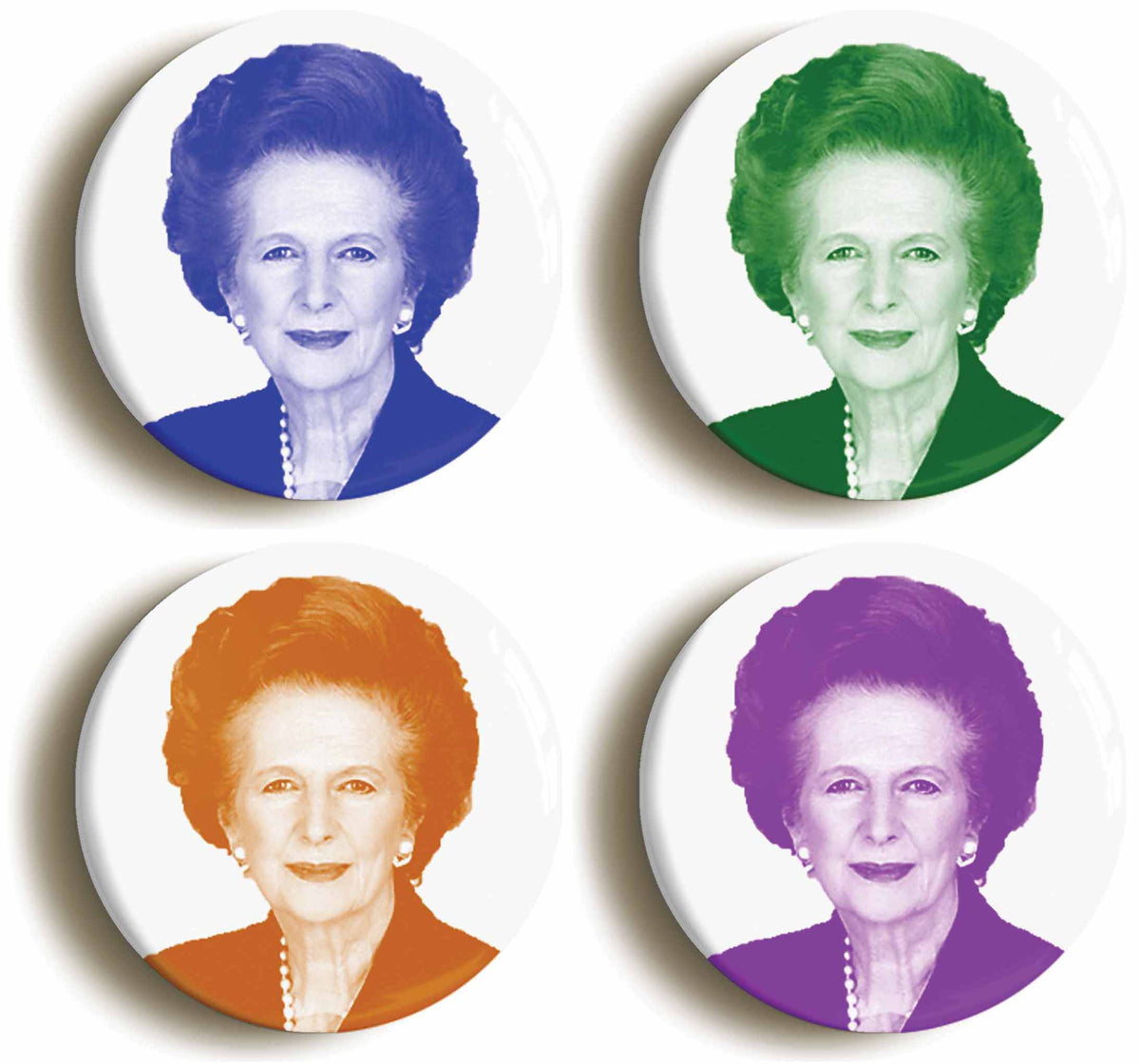 A picture of a set of four badges