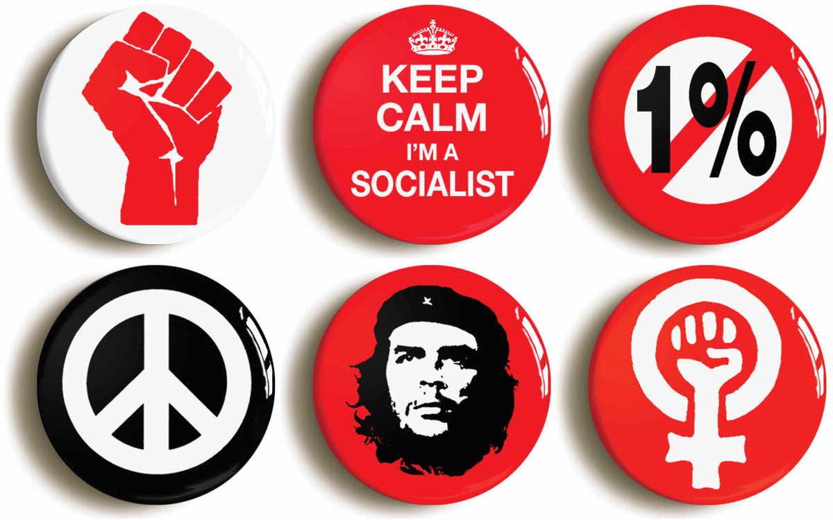 A picture of a set of six badges