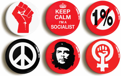 A picture of a set of six badges