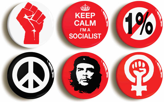 A picture of a set of six badges