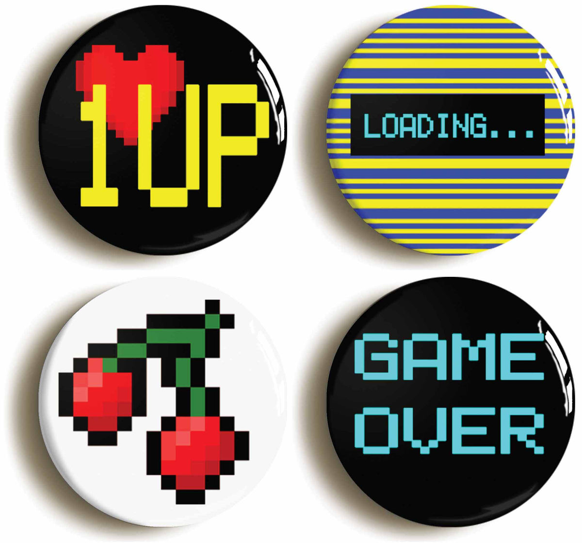 A picture of a set of four badges