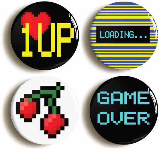 A picture of a set of four badges