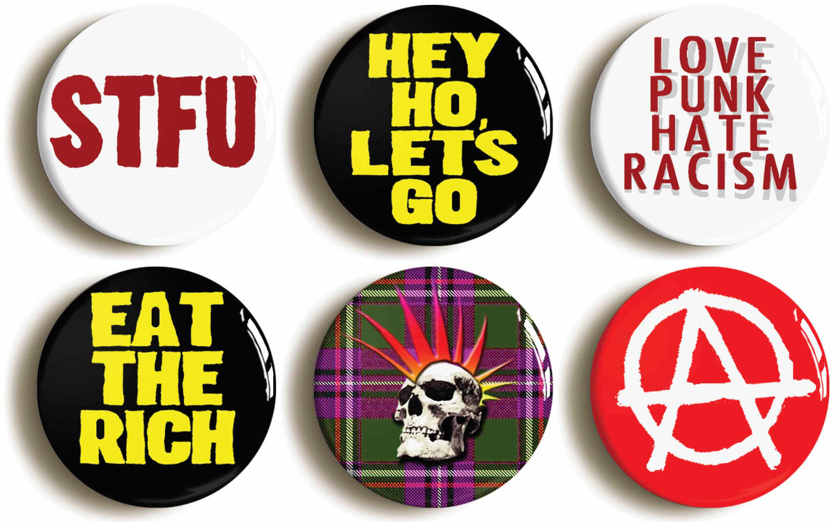 A picture of a set of six badges