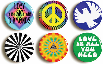 A picture of a set of six badges