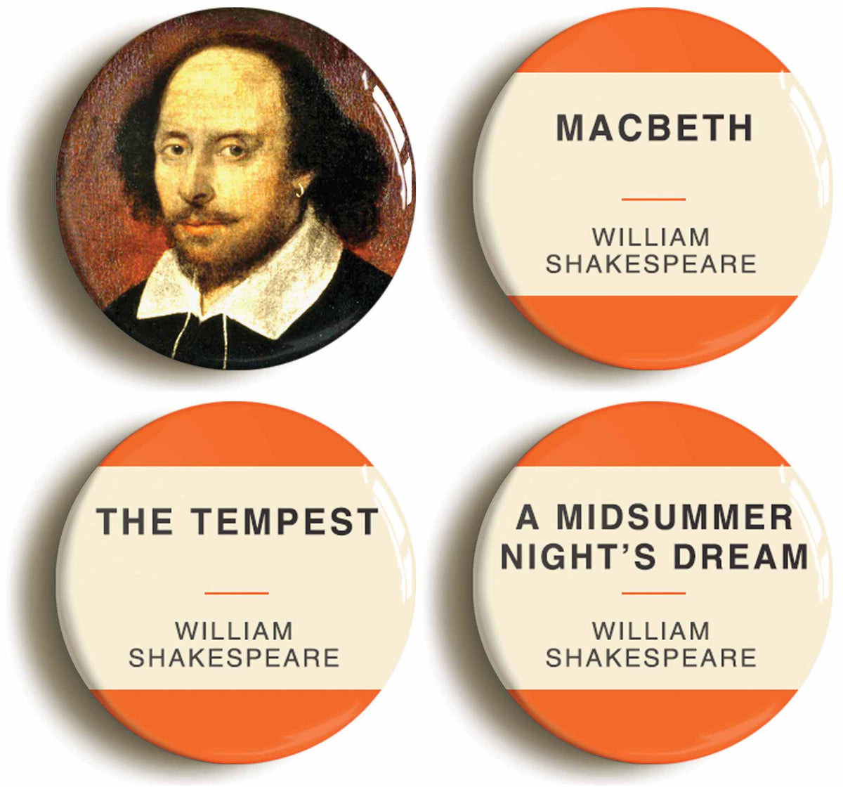 A picture of a set of four badges