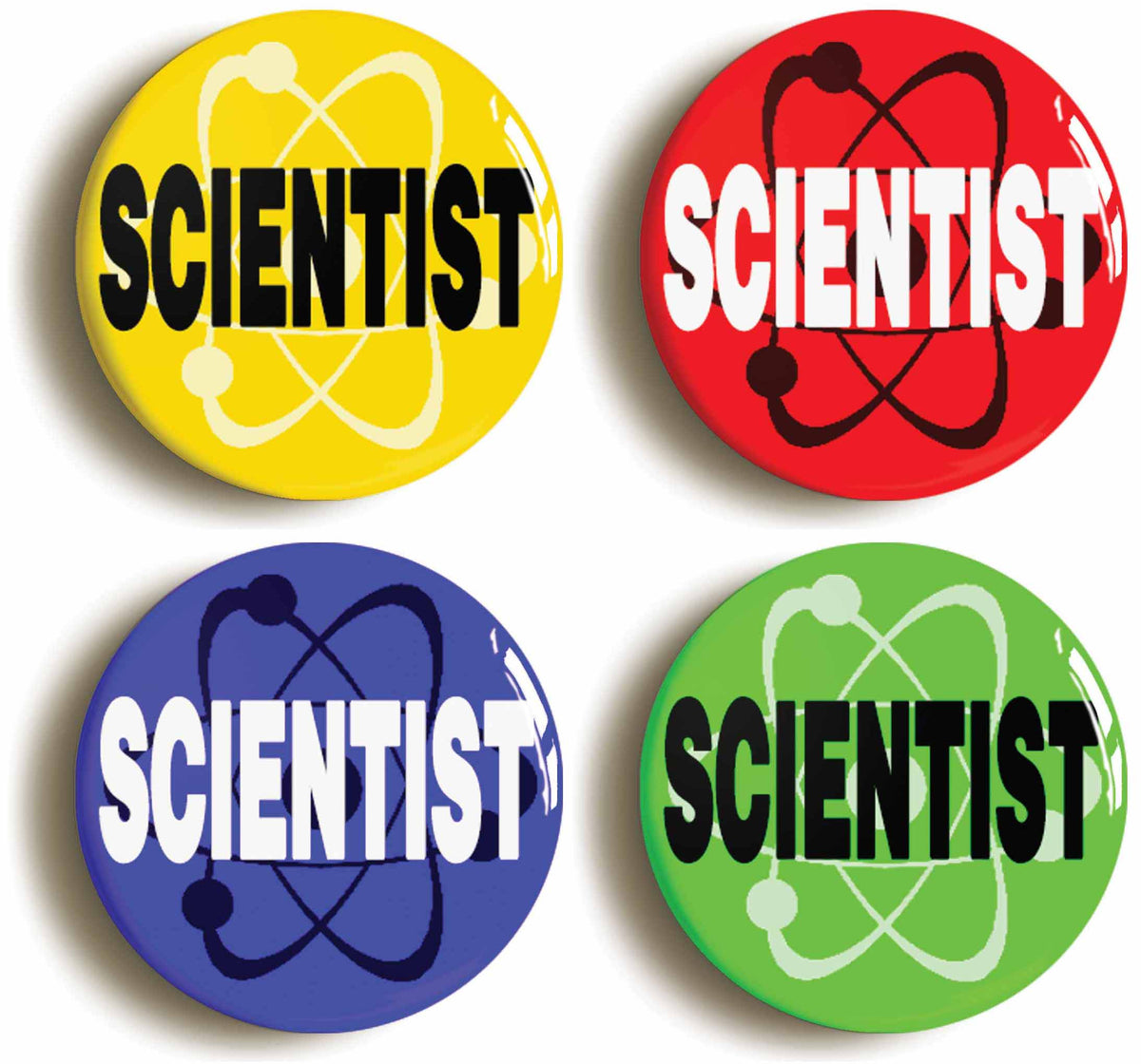A picture of a set of four badges
