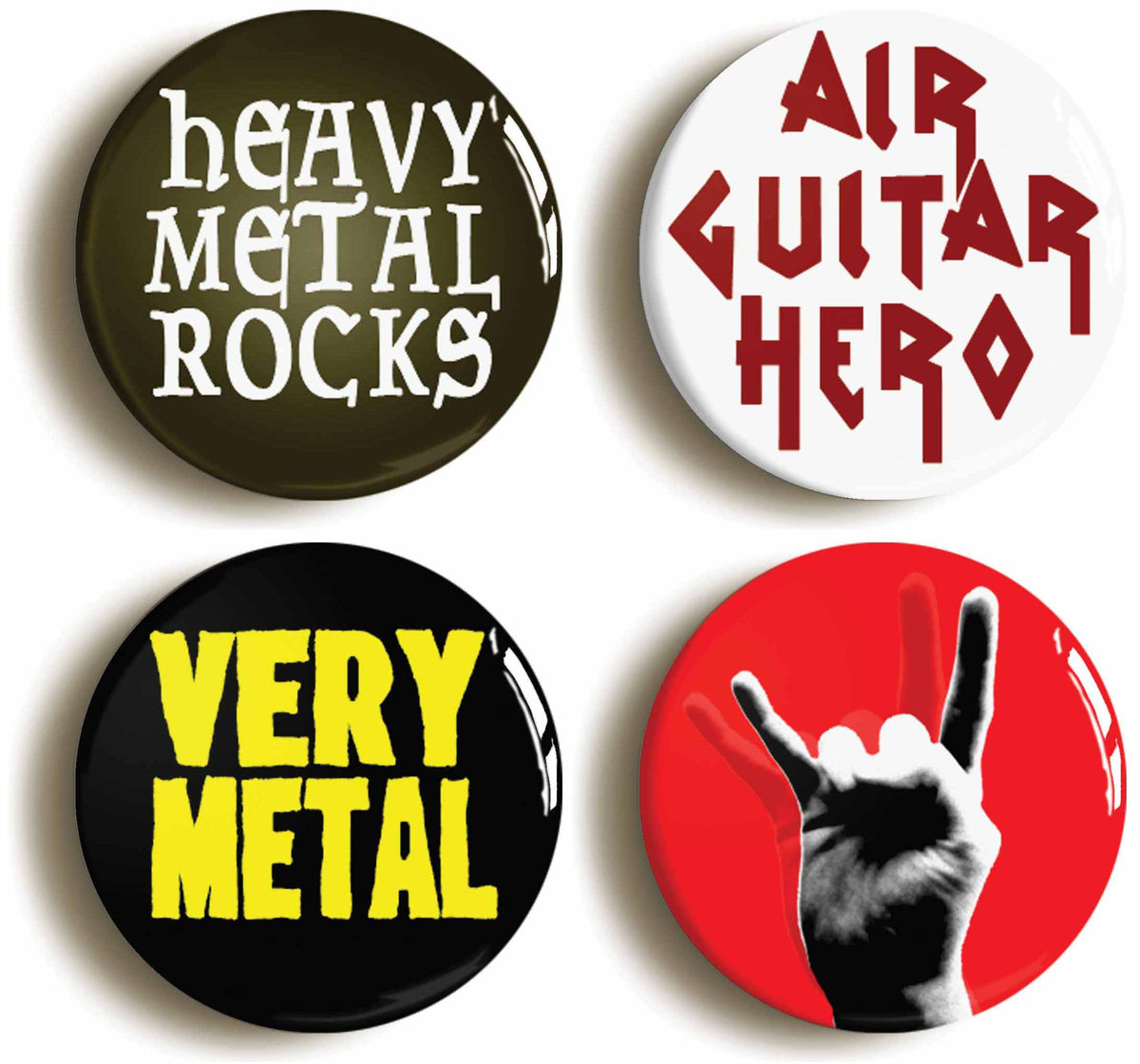 A picture of a set of four badges