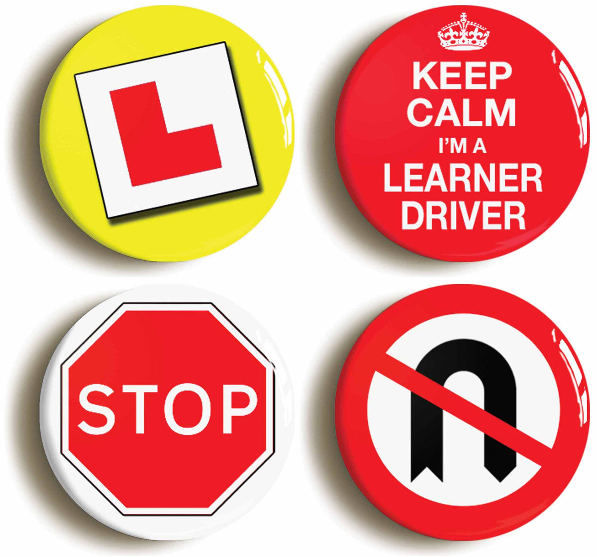 A picture of a set of four badges