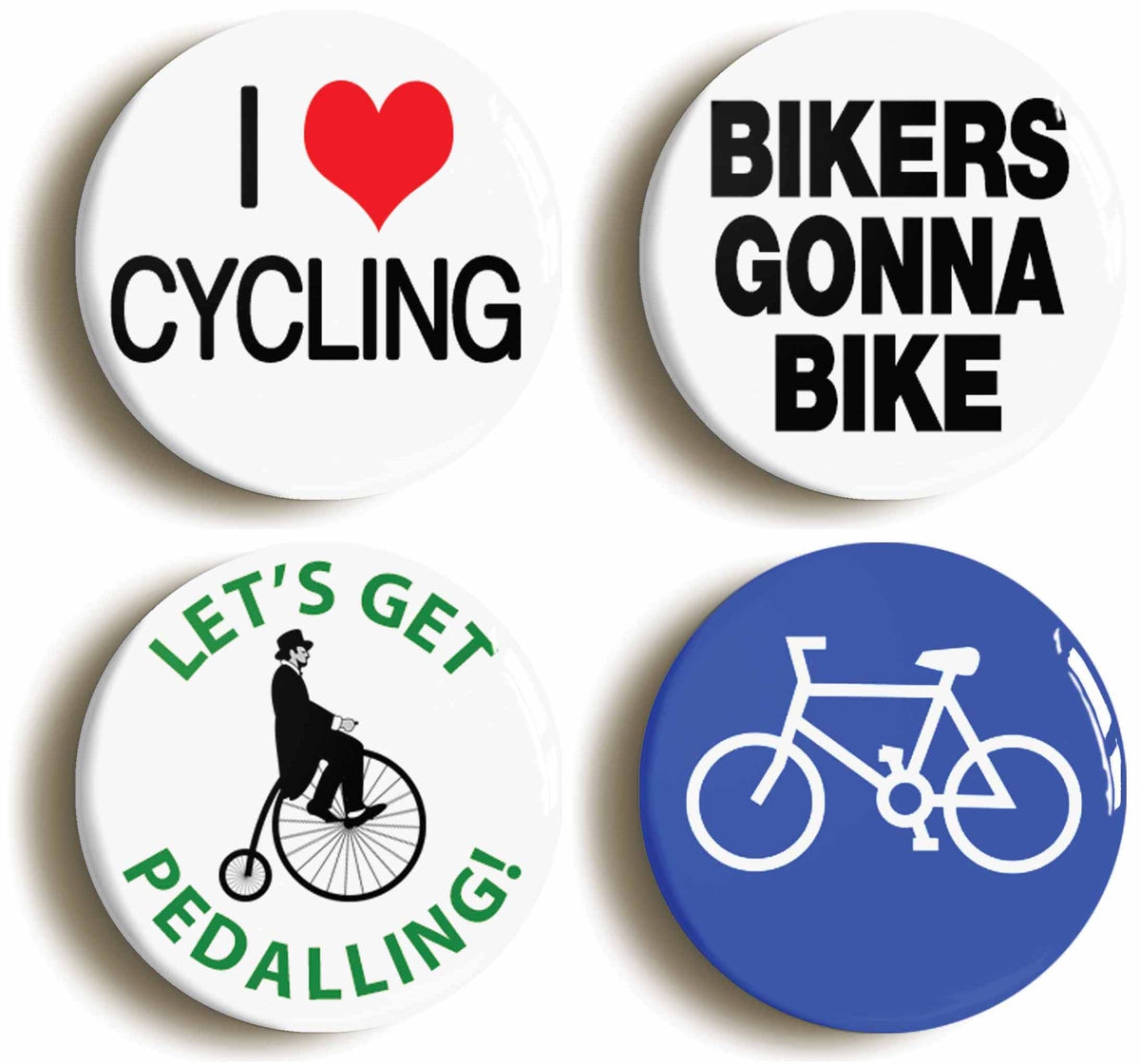 A picture of a set of four badges