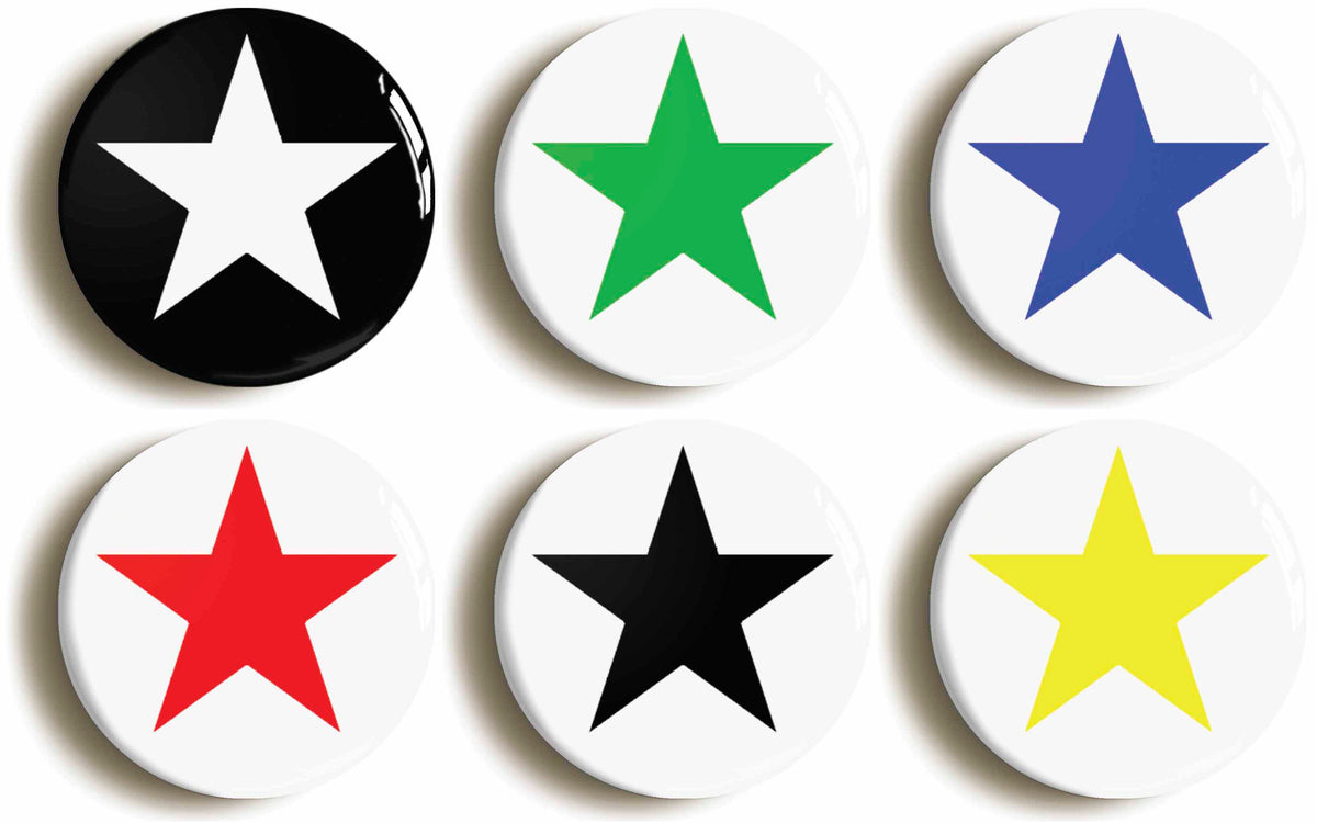 A picture of a set of six badges