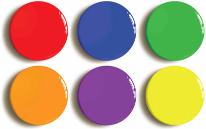 A picture of a set of six badges