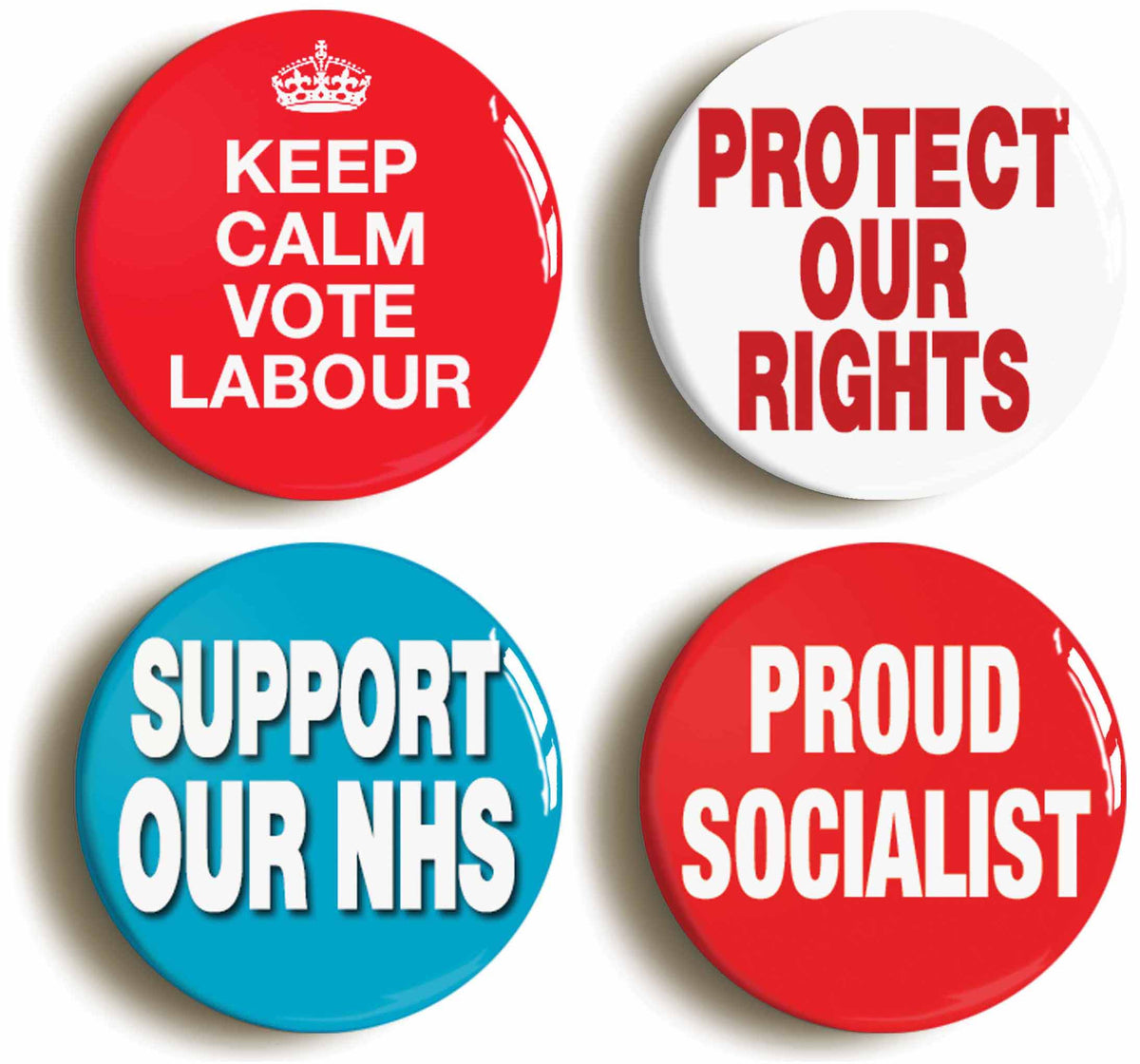 A picture of a set of four badges