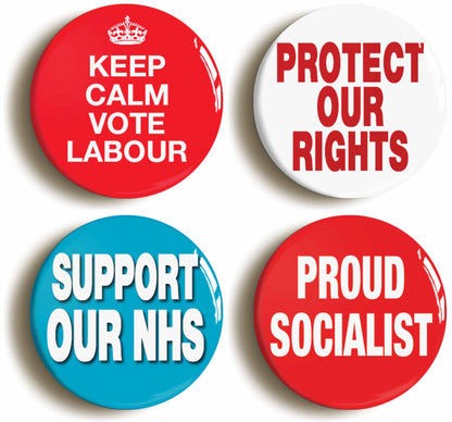 A picture of a set of four badges